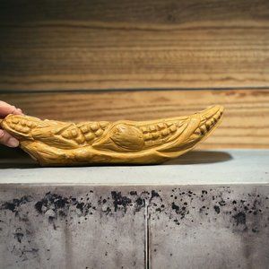 Snack Bowl Boat Shape Wooden Tray Food Holder Corn Decorated Hand Carved